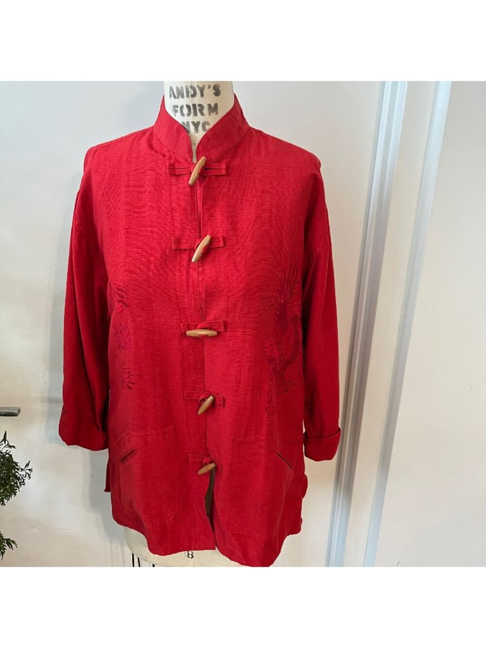 Vintage Red Raw Silk Embroidered Jacket Size‎ Large
